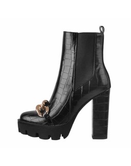 Stone Black Metal Chain Platform Zipper Chunky Heels Ankle Boots
