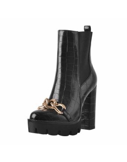 Stone Black Metal Chain Platform Zipper Chunky Heels Ankle Boots
