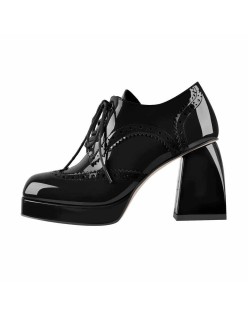 Patent Black Red Square Toe Lace Chunky Heels Pumps