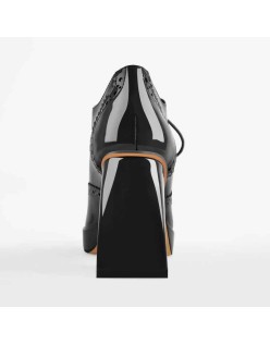 Patent Black Red Square Toe Lace Chunky Heels Pumps