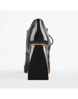 Patent Black Red Square Toe Lace Chunky Heels Pumps