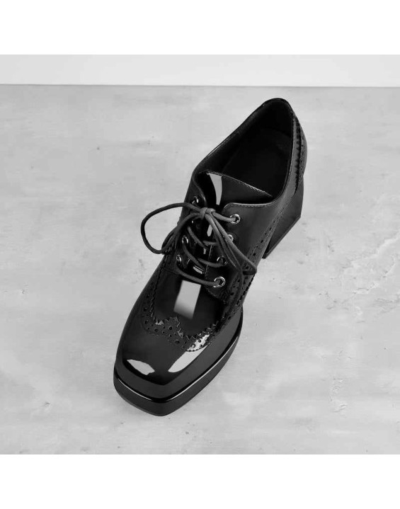 Patent Black Red Square Toe Lace Chunky Heels Pumps