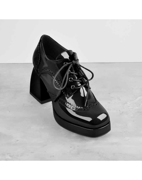 Patent Black Red Square Toe Lace Chunky Heels Pumps