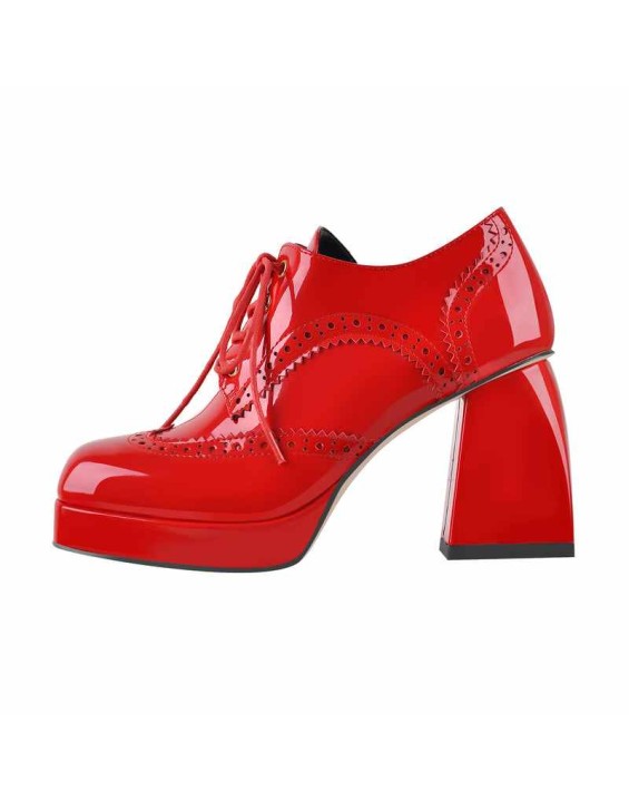 Patent Black Red Square Toe Lace Chunky Heels Pumps