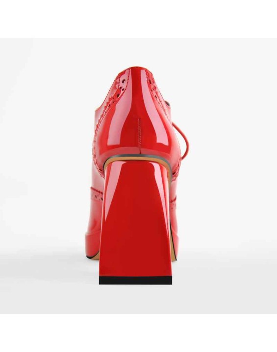 Patent Black Red Square Toe Lace Chunky Heels Pumps