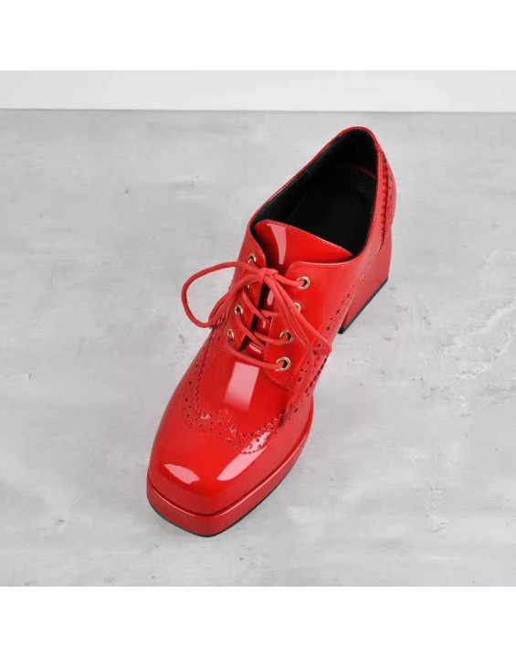 Patent Black Red Square Toe Lace Chunky Heels Pumps