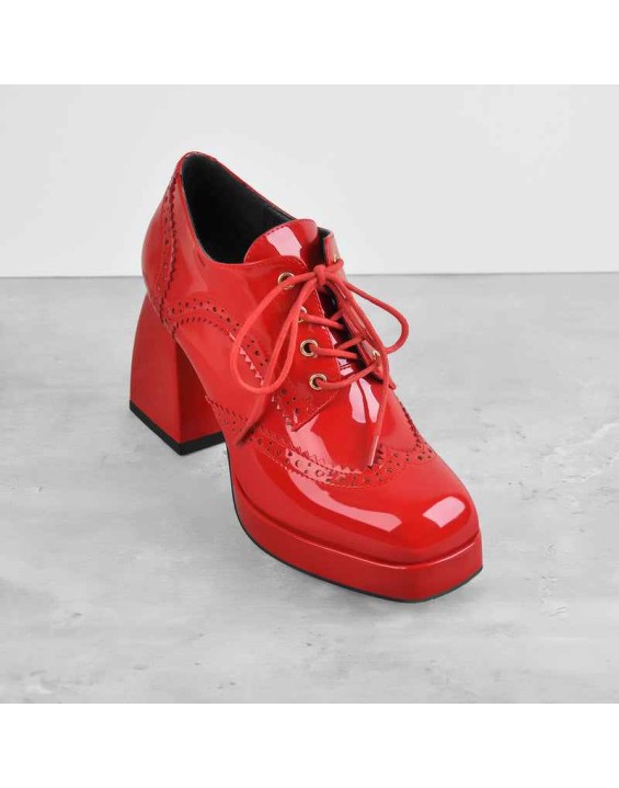 Patent Black Red Square Toe Lace Chunky Heels Pumps