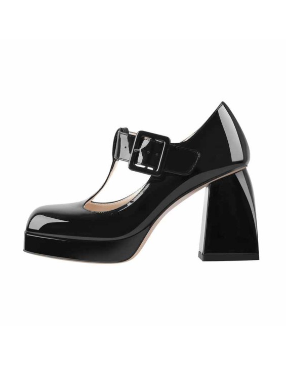 Square Toe T-Type Black Chunky Heels Pumps