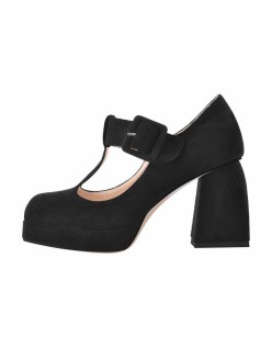 Square Toe T-Type Black Chunky Heels Pumps