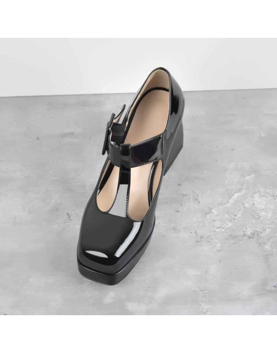 Square Toe T-Type Black Chunky Heels Pumps