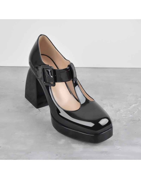 Square Toe T-Type Black Chunky Heels Pumps