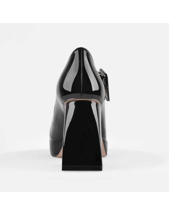 Square Toe T-Type Black Chunky Heels Pumps
