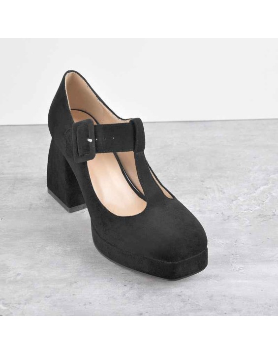 Square Toe T-Type Black Chunky Heels Pumps