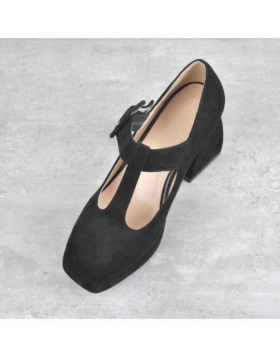 Square Toe T-Type Black Chunky Heels Pumps