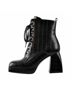 Black White Stone Square Toe Lace Zipper Chunky Heels Ankle Boots