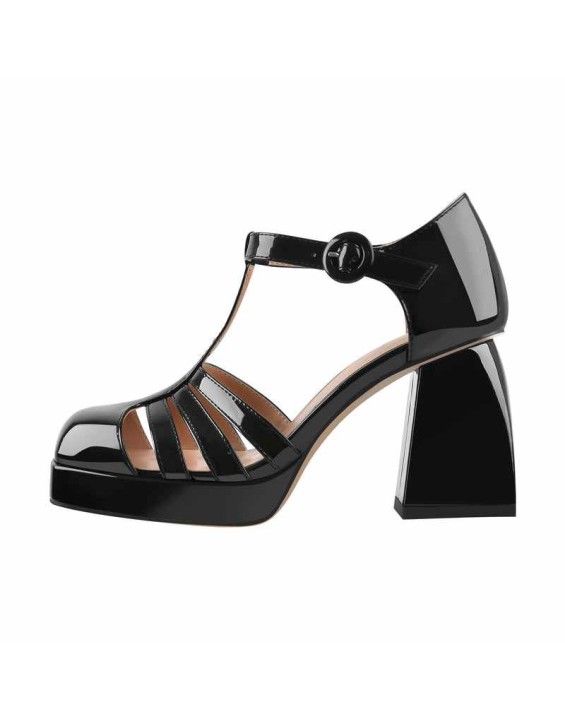 Square Patent Black Chunky Heels Pumps
