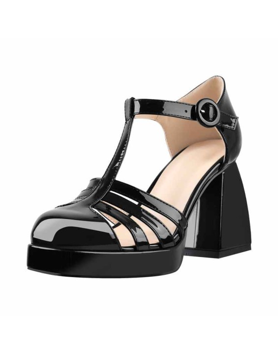 Square Patent Black Chunky Heels Pumps
