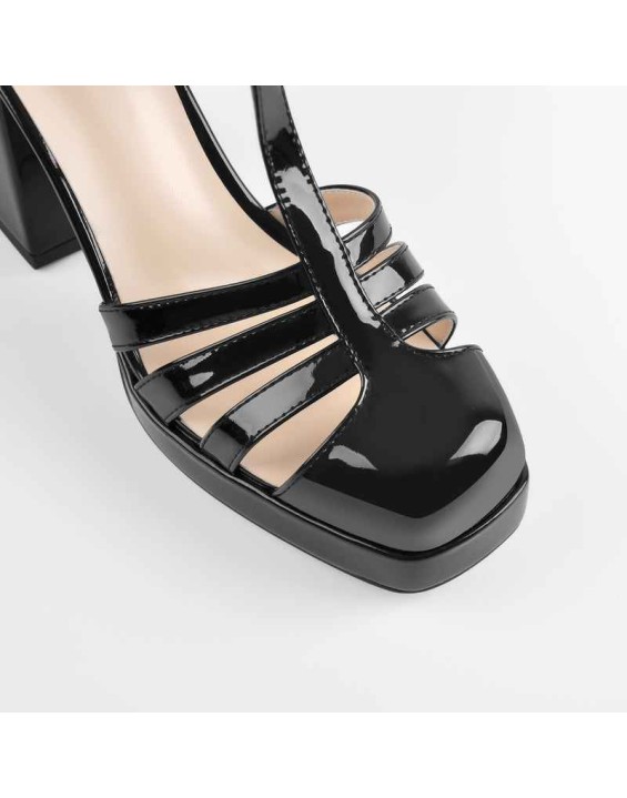Square Patent Black Chunky Heels Pumps