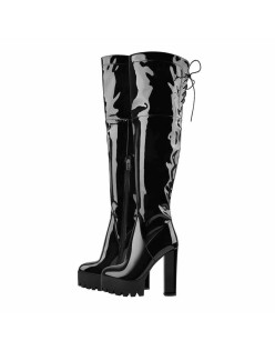 Patent Black Platform Lace Up Chunky Heels Knee High Boots