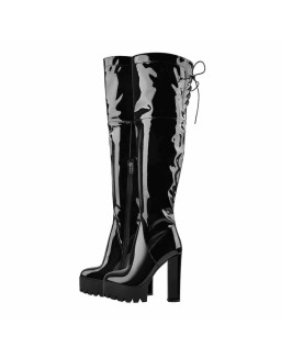 Patent Black Platform Lace Up Chunky Heels Knee High Boots
