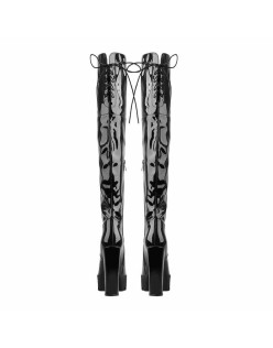 Patent Black Platform Lace Up Chunky Heels Knee High Boots