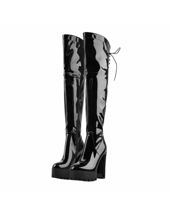 Patent Black Platform Lace Up Chunky Heels Knee High Boots