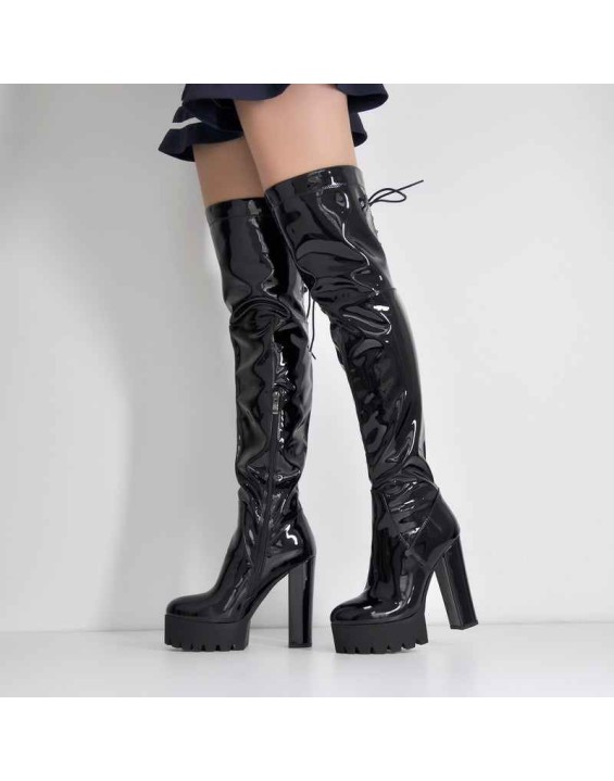 Patent Black Platform Lace Up Chunky Heels Knee High Boots