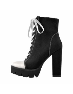Platform Lace Up Canvas Chunky Heel Boots