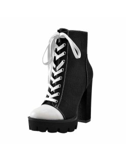 Platform Lace Up Canvas Chunky Heel Boots
