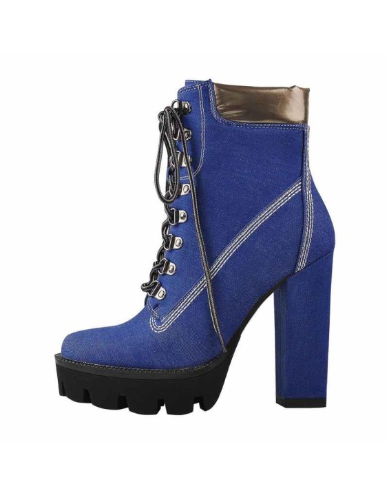 Platform Lace Up Canvas Chunky Heel Boots