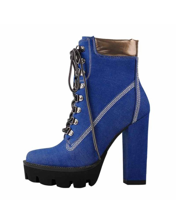 Platform Lace Up Canvas Chunky Heel Boots