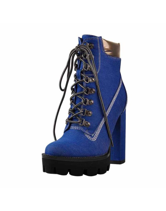 Platform Lace Up Canvas Chunky Heel Boots