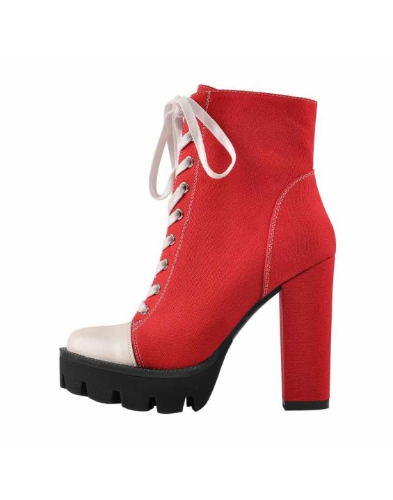 Platform Lace Up Canvas Chunky Heel Boots