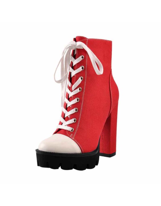 Platform Lace Up Canvas Chunky Heel Boots
