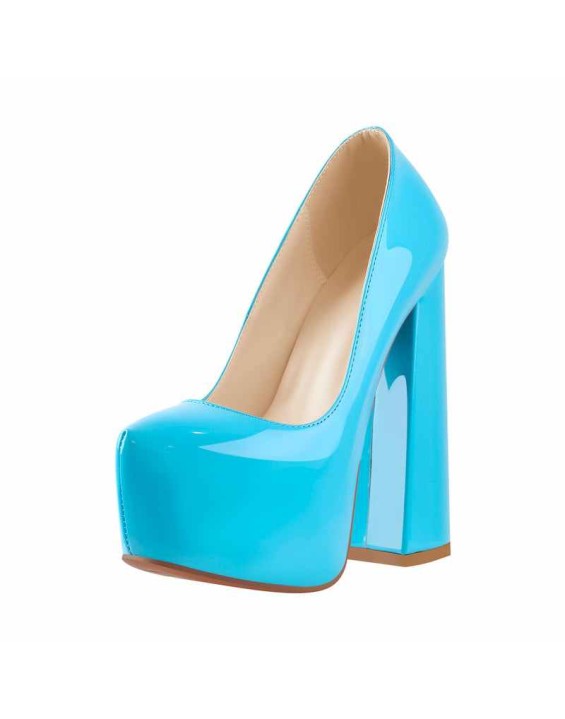 Platform Round Toe High Heel Slip-On Blue Pumps