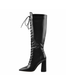 Pointed Toe Black Lace Up Zipper Knee High Chunky Heel Boots