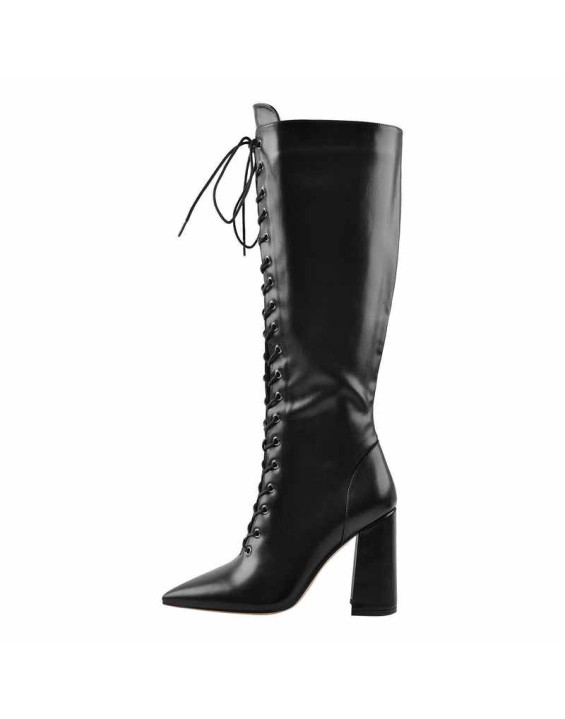 Pointed Toe Black Lace Up Zipper Knee High Chunky Heel Boots