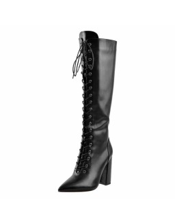 Pointed Toe Black Lace Up Zipper Knee High Chunky Heel Boots