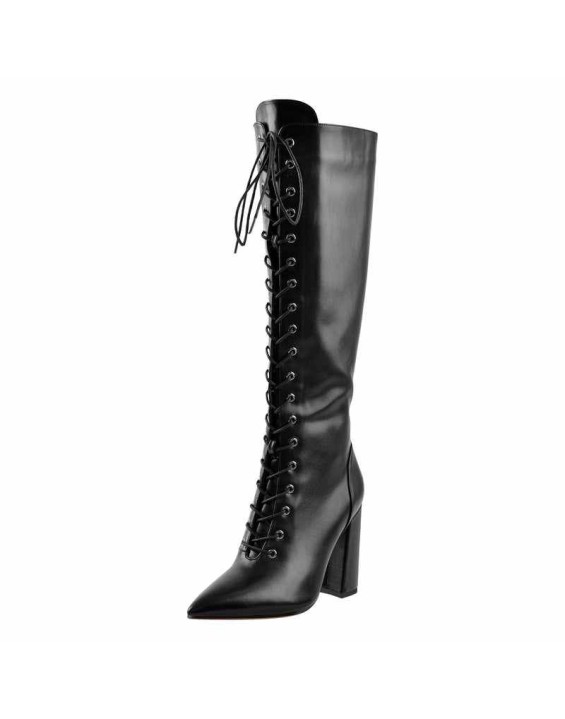 Pointed Toe Black Lace Up Zipper Knee High Chunky Heel Boots