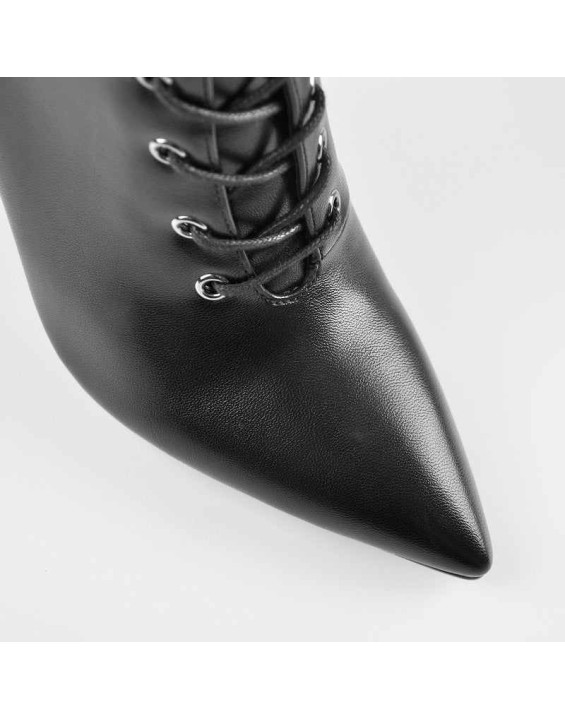Pointed Toe Black Lace Up Zipper Knee High Chunky Heel Boots