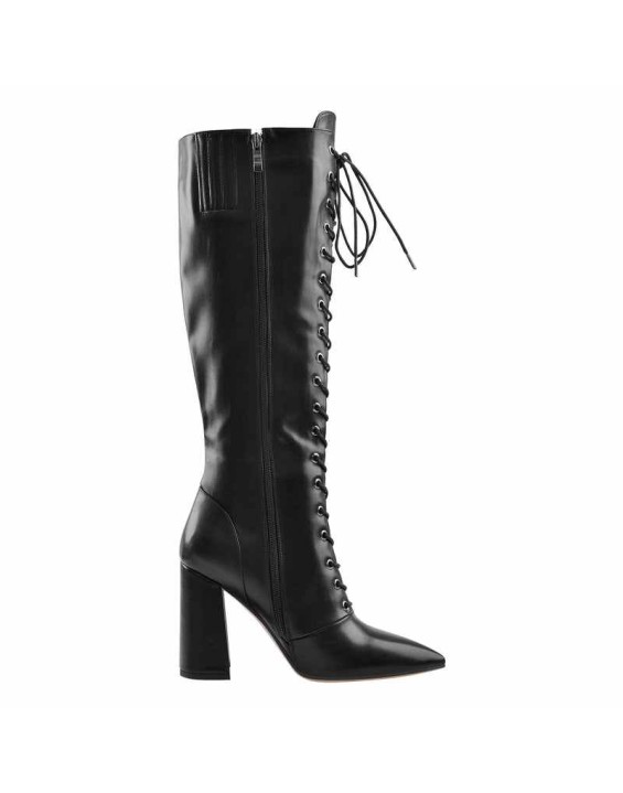 Pointed Toe Black Lace Up Zipper Knee High Chunky Heel Boots