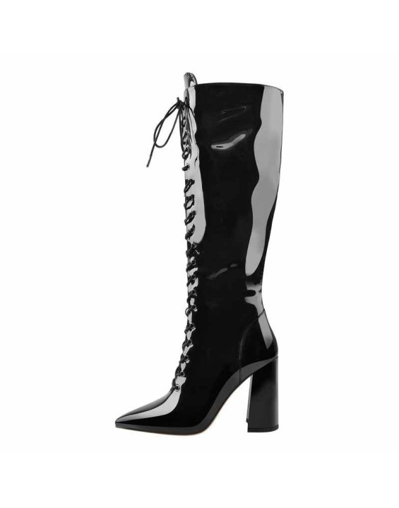 Pointed Toe Black Lace Up Zipper Knee High Chunky Heel Boots