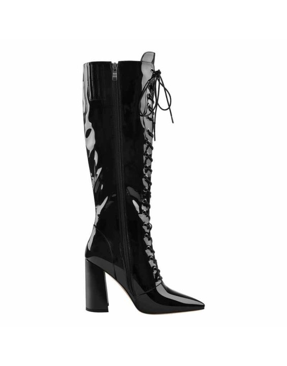 Pointed Toe Black Lace Up Zipper Knee High Chunky Heel Boots