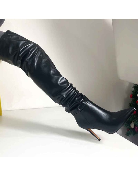 Black Pointed Toe Stiletto Tight High Boots 10CM Heel