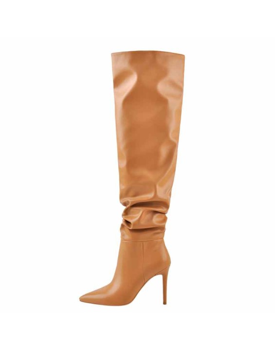 Brown Pointed Toe Stiletto Tight High Boots 10CM Heel
