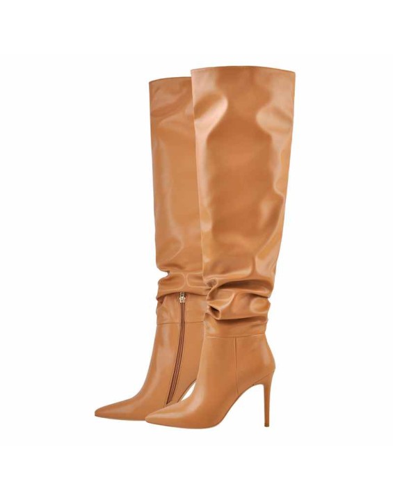 Brown Pointed Toe Stiletto Tight High Boots 10CM Heel