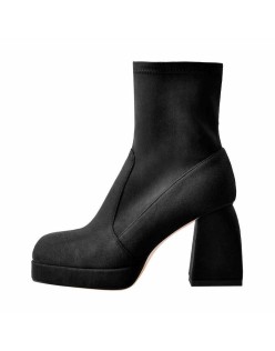 Square Toe Black Red Suede Chunky Heels Ankle Zipper Boots