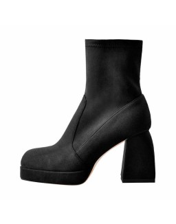 Square Toe Black Red Suede Chunky Heels Ankle Zipper Boots