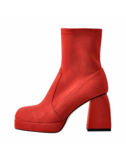 Square Toe Black Red Suede Chunky Heels Ankle Zipper Boots