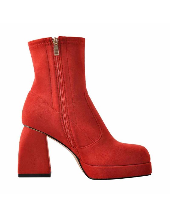 Square Toe Black Red Suede Chunky Heels Ankle Zipper Boots